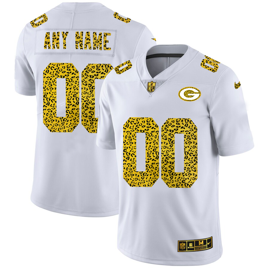 Green Bay Packers Custom Men's Nike Flocked Leopard Print Vapor Limited NFL Jersey White