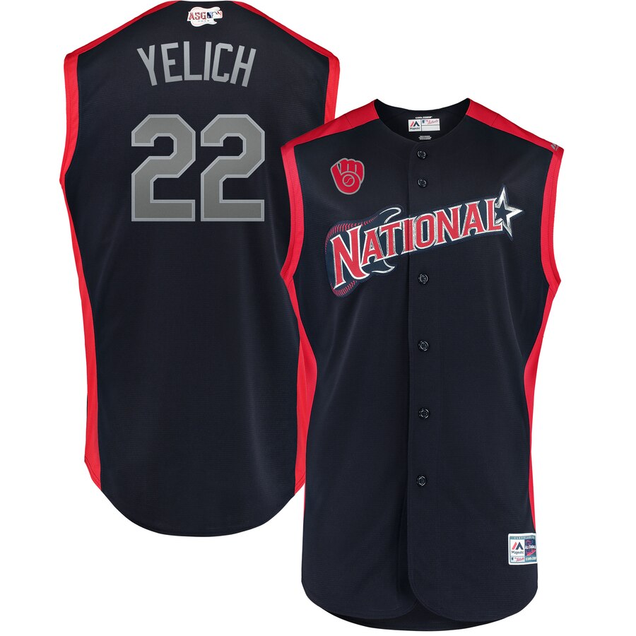 National League #22 Christian Yelich Majestic 2019 MLB All-Star Game Workout Player Jersey Navy