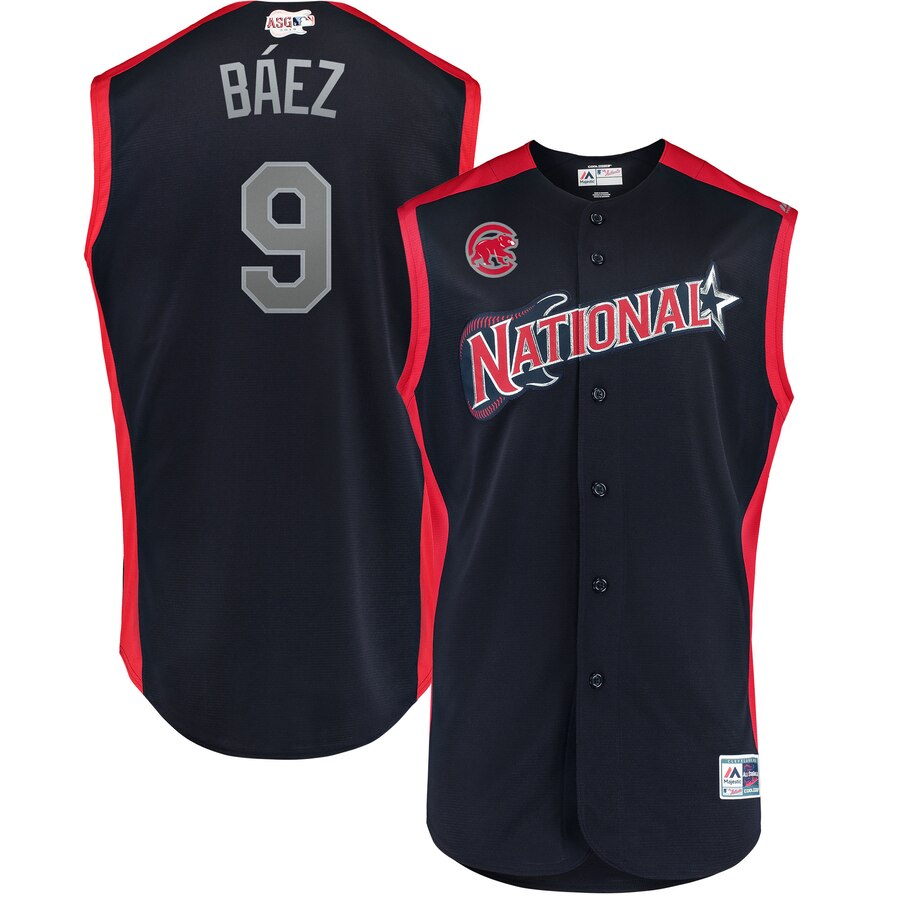 National League #9 Javier Baez Majestic 2019 MLB All-Star Game Workout Player Jersey Navy