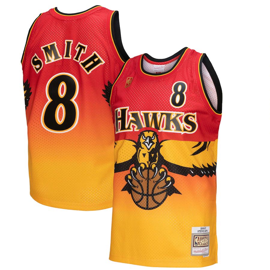 Atlanta Hawks #8 Steve Smith Mitchell & Ness Men's Gold/Red 1996/97 Hardwood Classics Fadeaway Swingman Player Jersey