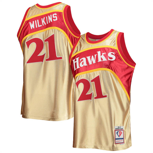 Nike Hawks #21 Dominique Wilkins Men's Gold Mitchell & Ness 75th Anniversary 1986-87 Hardwood Classics Swingman Jersey