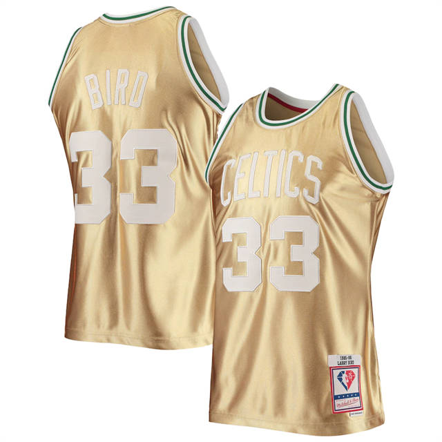 Nike Celtics #33 Larry Bird Men's Gold Mitchell & Ness 75th Anniversary 1985-86 Hardwood Classics Swingman Jersey