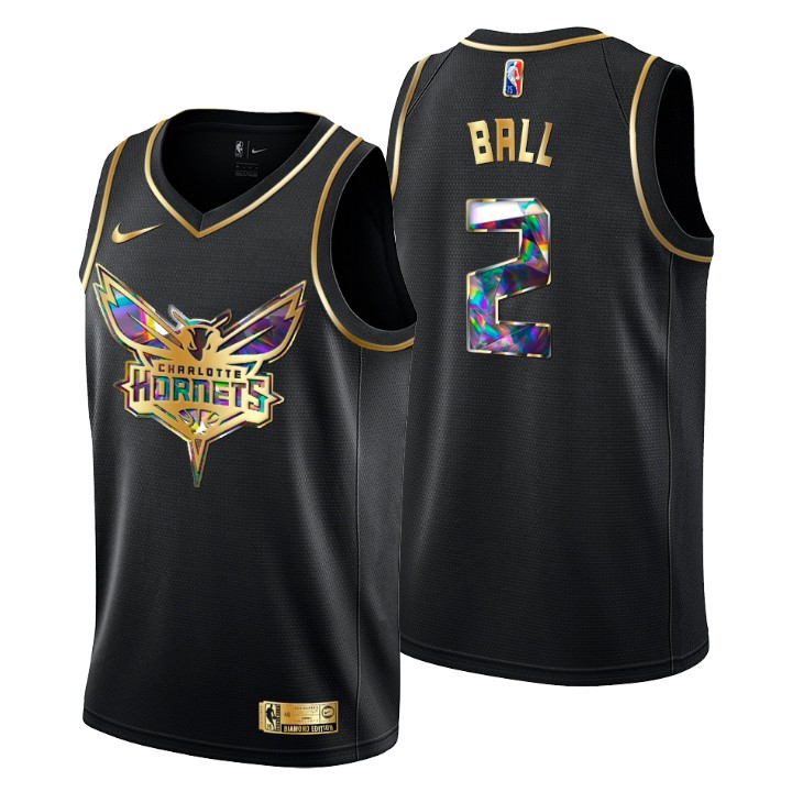 Charlotte Hornets #2 Lamelo Ball Men's Golden Edition Diamond Logo 2021/22 Swingman Jersey - Black