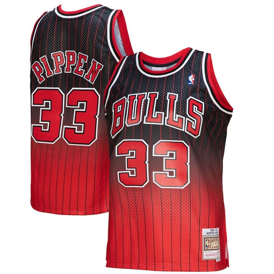 Chicago Bulls #33 Scottie Pippen Mitchell & Ness Men's Red/Black 1995/96 Hardwood Classics Fadeaway Swingman Player Jersey