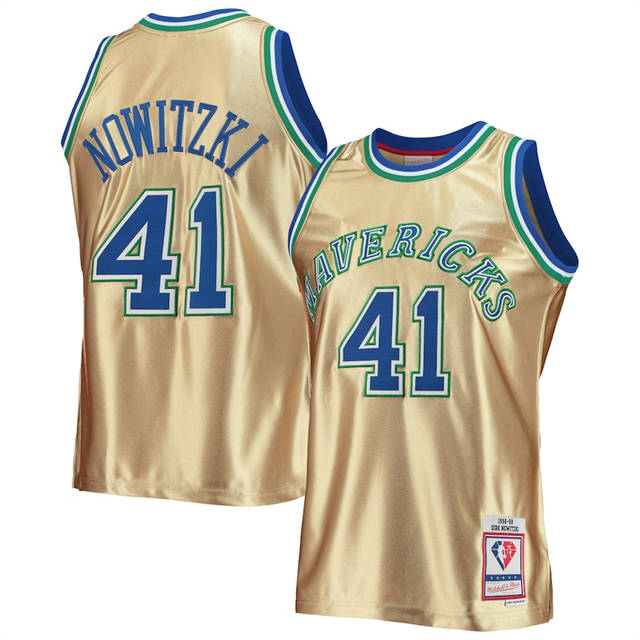 Nike Mavericks #41 Dirk Nowitzki Men's Gold Mitchell & Ness 75th Anniversary 1998-99 Hardwood Classics Swingman Jersey