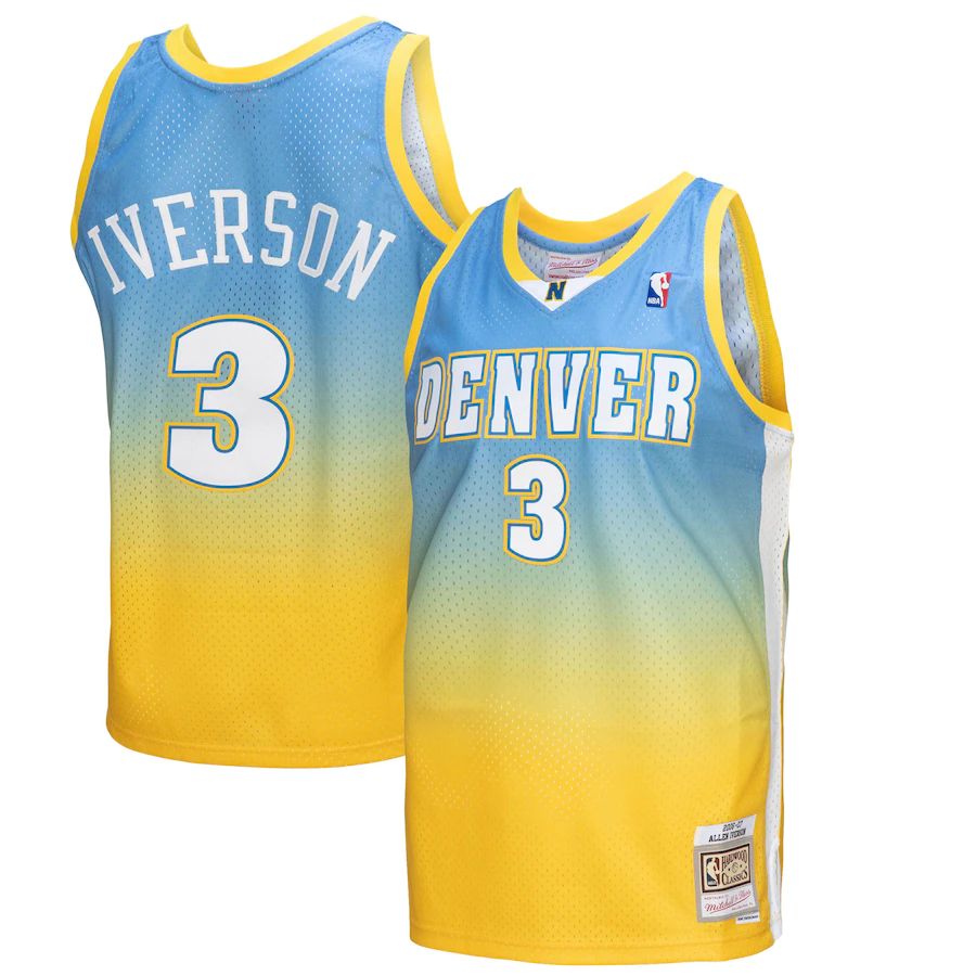 Denver Nuggets #3 Allen Iverson Mitchell & Ness Men's Yellow/Blue 2006/07 Hardwood Classics Fadeaway Swingman Player Jersey