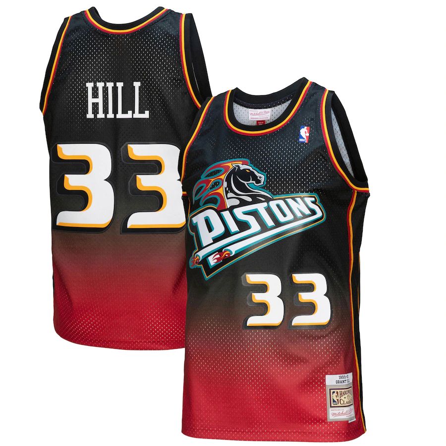 Detroit Pistons #33 Grant Hill Mitchell & Ness Men's Red/Black 1999/00 Hardwood Classics Fadeaway Swingman Player Jersey