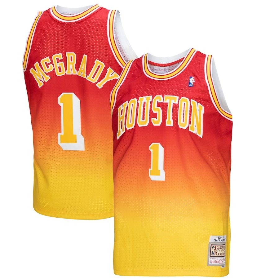 Houston Rockets #1 Tracy McGrady Mitchell & Ness Men's Gold/Red 2004/05 Hardwood Classics Fadeaway Swingman Player Jersey