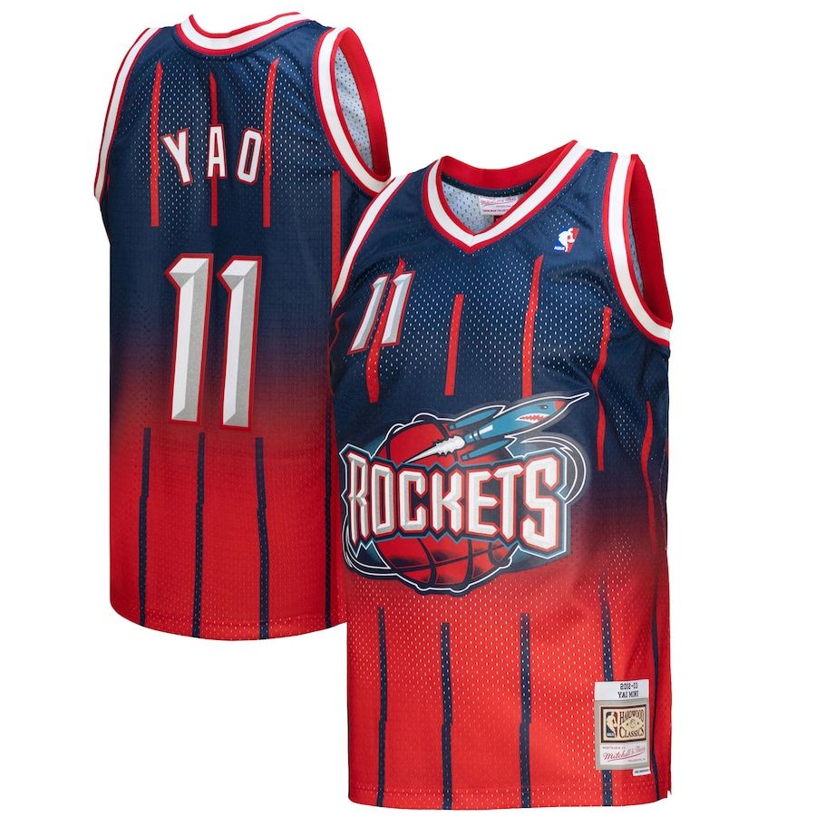 Houston Rockets #11 Yao Ming Mitchell & Ness Men's Red/Navy 2002/03 Hardwood Classics Fadeaway Swingman Player Jersey