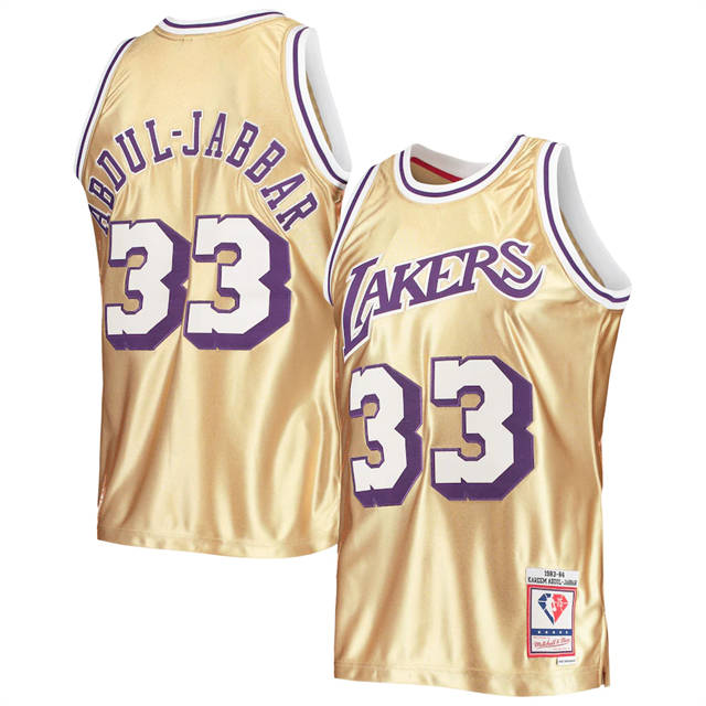 Nike Lakers #33 Kareem Abdul-Jabbar Men's Gold Mitchell & Ness 75th Anniversary 1983-84 Hardwood Classics Swingman Jersey