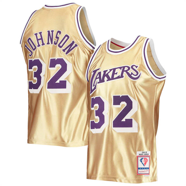 Nike Lakers #32 Magic Johnson Men's Gold Mitchell & Ness 75th Anniversary 1984-85 Hardwood Classics Swingman Jersey