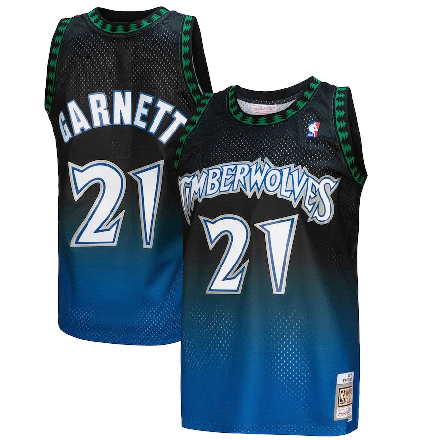 Minnesota Timberwolves #21 Kevin Garnett Mitchell & Ness Men's Blue/Black 1997/98 Hardwood Classics Fadeaway Swingman Player Jersey