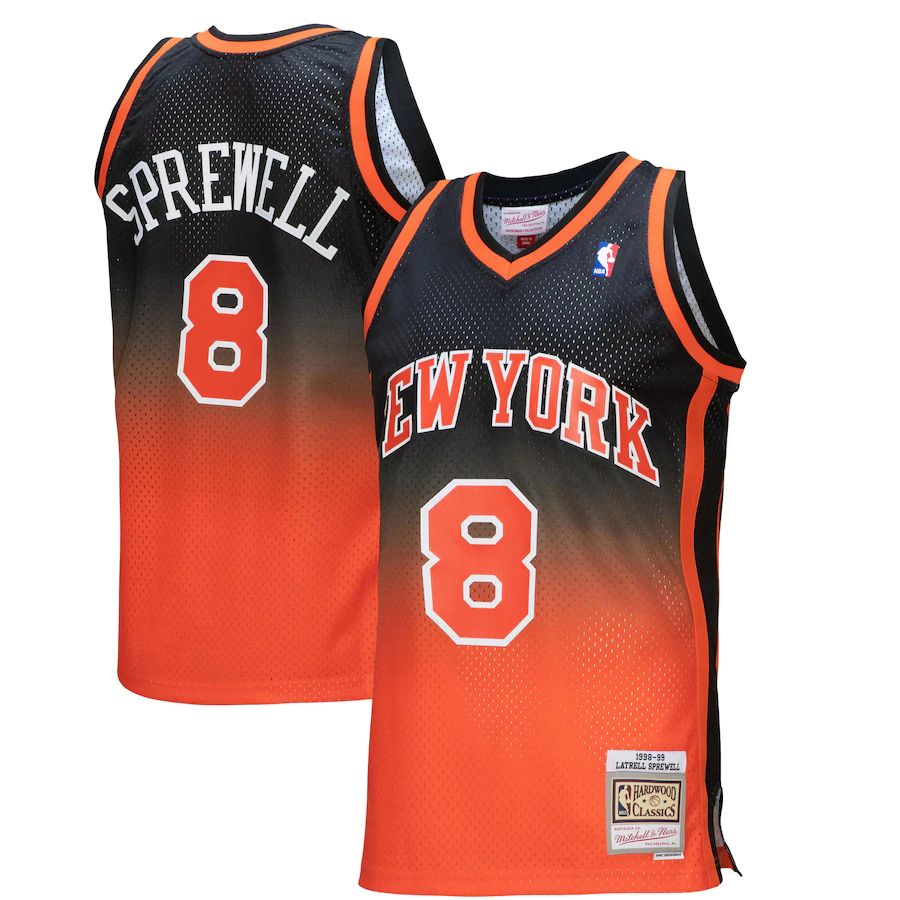 New York Knicks #8 Latrell Sprewell Mitchell & Ness Men's Orange/Black 1998/99 Hardwood Classics Fadeaway Swingman Player Jersey