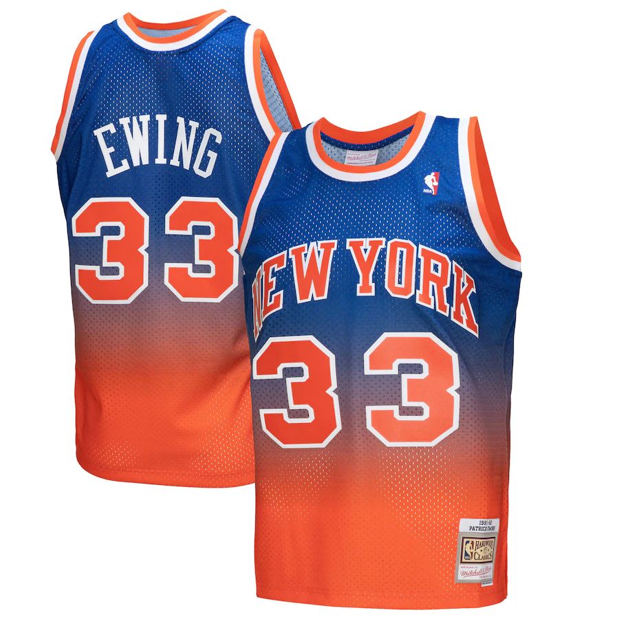 New York Knicks #33 Patrick Ewing Mitchell & Ness Men's Orange/Royal 1991/92 Hardwood Classics Fadeaway Swingman Player Jersey