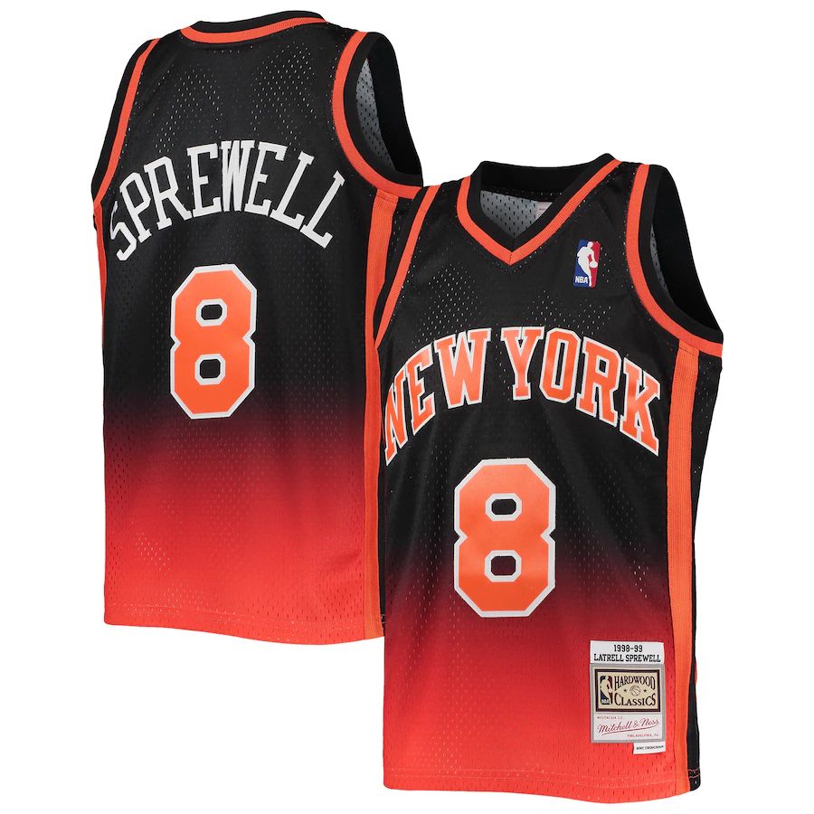 New York Knicks #8 Latrell Sprewell Mitchell & Ness Men's Orange/Black 1998/99 Hardwood Classics Fadeaway Swingman Player Jersey