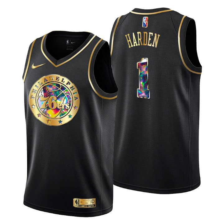 Philadelphia 76ers #1 James Harden Men's Golden Edition Diamond Logo 2021/22 Swingman Jersey - Black