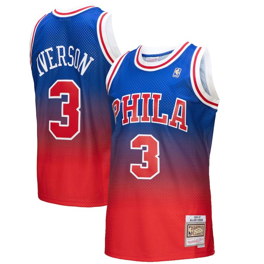 Philadelphia 76ers #3 Allen Iverson Mitchell & Ness Men's Red/Royal 1996/97 Hardwood Classics Fadeaway Swingman Player Jersey