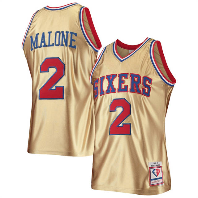 Nike 76ers #2 Moses Malone Men's Gold Mitchell & Ness 75th Anniversary 1982-83 Hardwood Classics Swingman Jersey