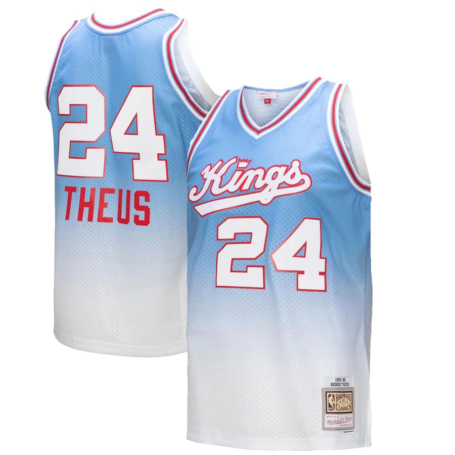 Sacramento Kings #24 Reggie Theus Mitchell & Ness Men's White/Light Blue 1985/86 Hardwood Classics Fadeaway Swingman Player Jersey