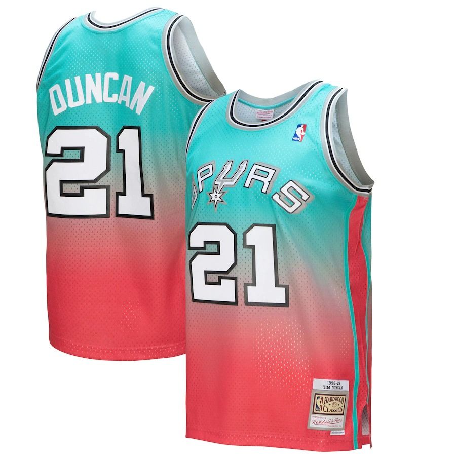 San Antonio Spurs #21 Tim Duncan Mitchell & Ness Men's Pink/Teal 1998/99 Hardwood Classics Fadeaway Swingman Player Jersey