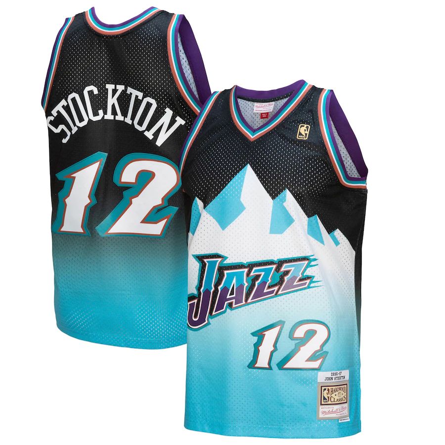 Utah Jazz #12 John Stockton Mitchell & Ness Men's Black/Light Blue 1996/97 Hardwood Classics Fadeaway Swingman Player Jersey