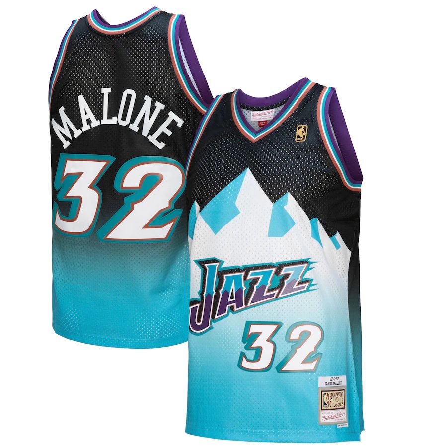 Utah Jazz #32 Karl Malone Mitchell & Ness Men's Black/Light Blue 1996/97 Hardwood Classics Fadeaway Swingman Player Jersey