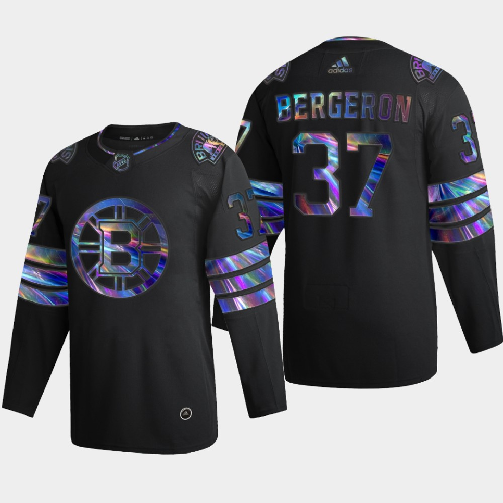 Washington Bruins #37 Patrice Bergeron Men's Nike Iridescent Holographic Collection MLB Jersey - Black