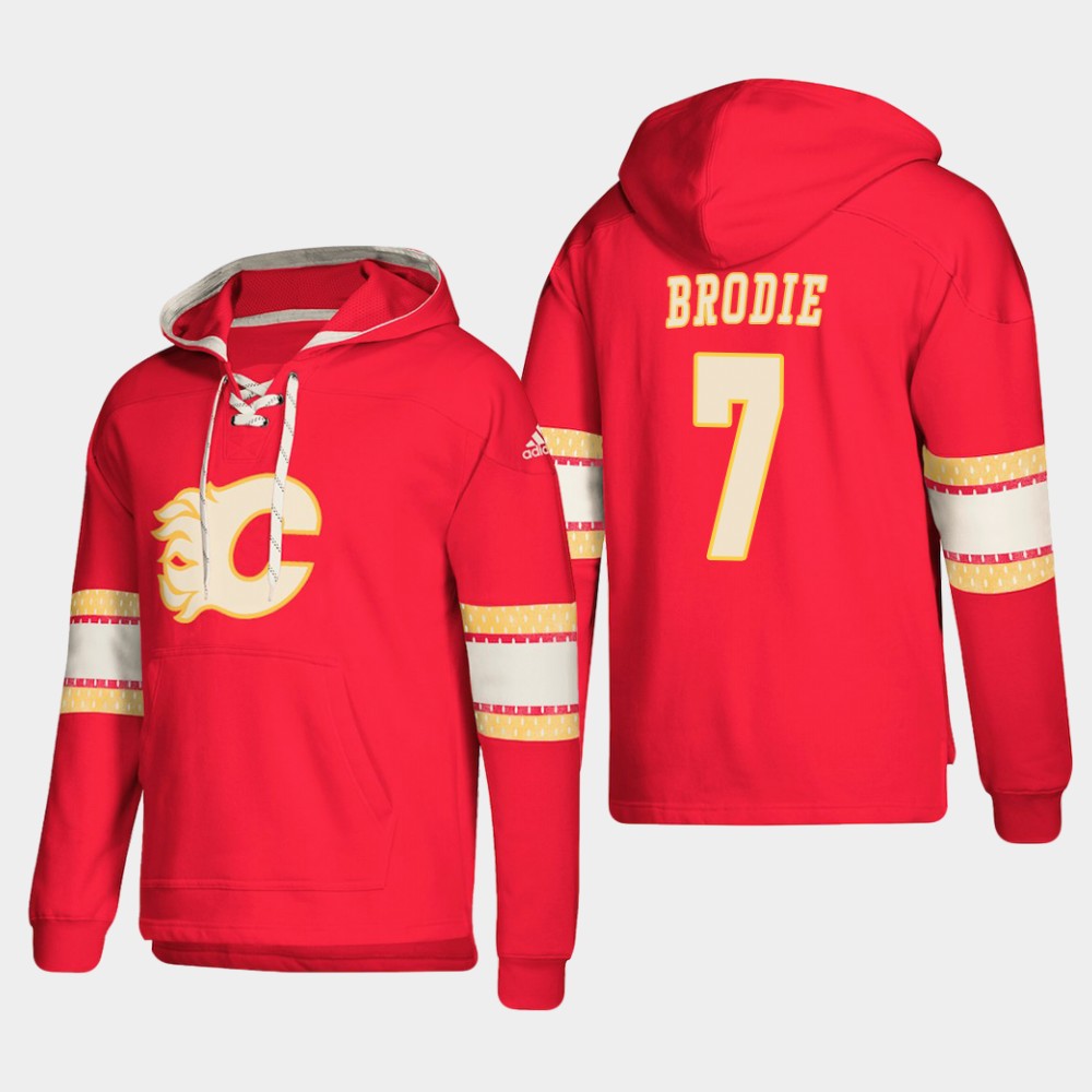 Calgary Flames #7 TJ Brodie Red adidas Lace-Up Pullover Hoodie