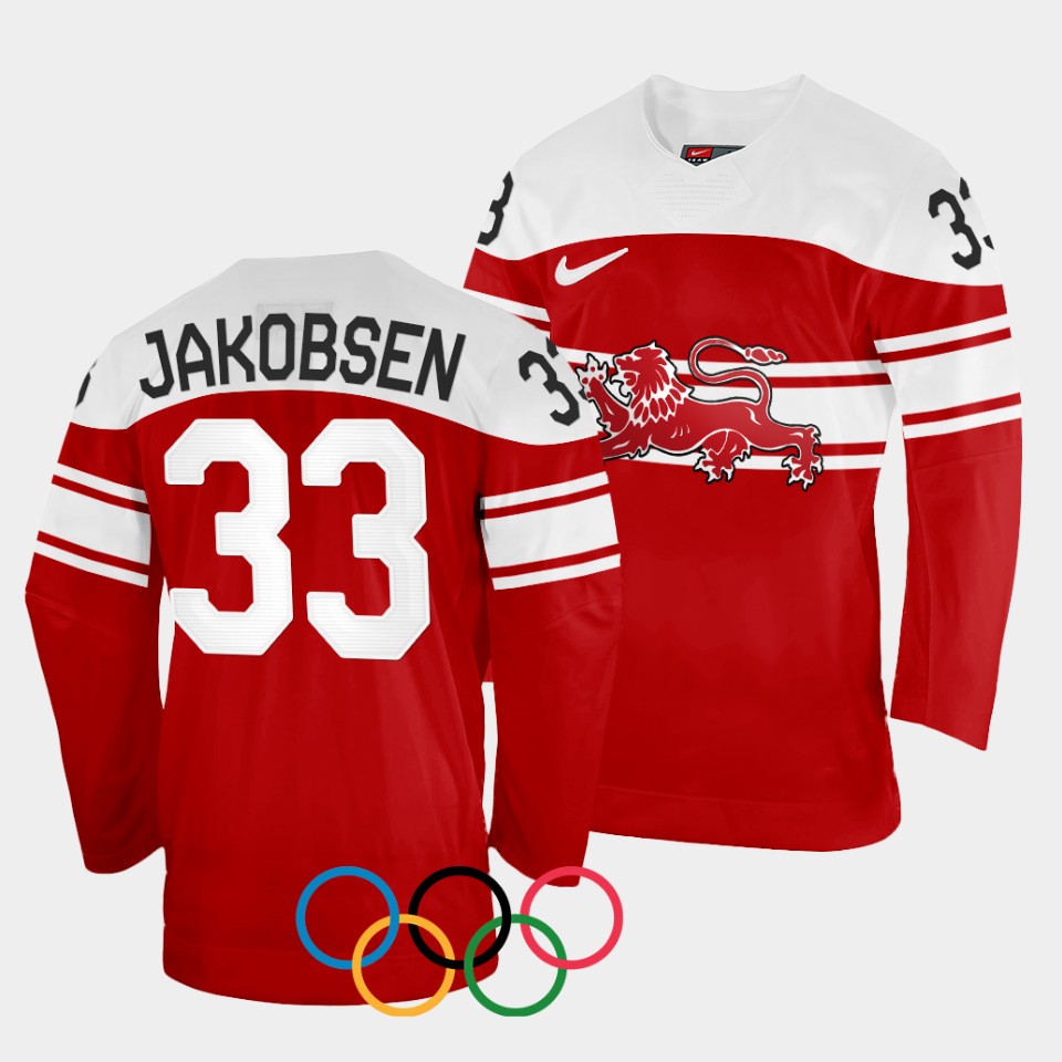 Denmark Hockey #33 Julian Jakobsen Men's 2022 Winter Olympics Away Jersey - Red