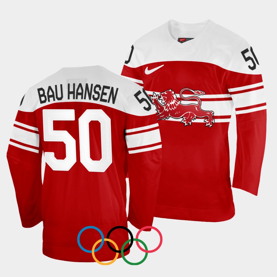 Denmark Hockey #50 Mathias Bau-Hansen Men's 2022 Winter Olympics Away Jersey - Red