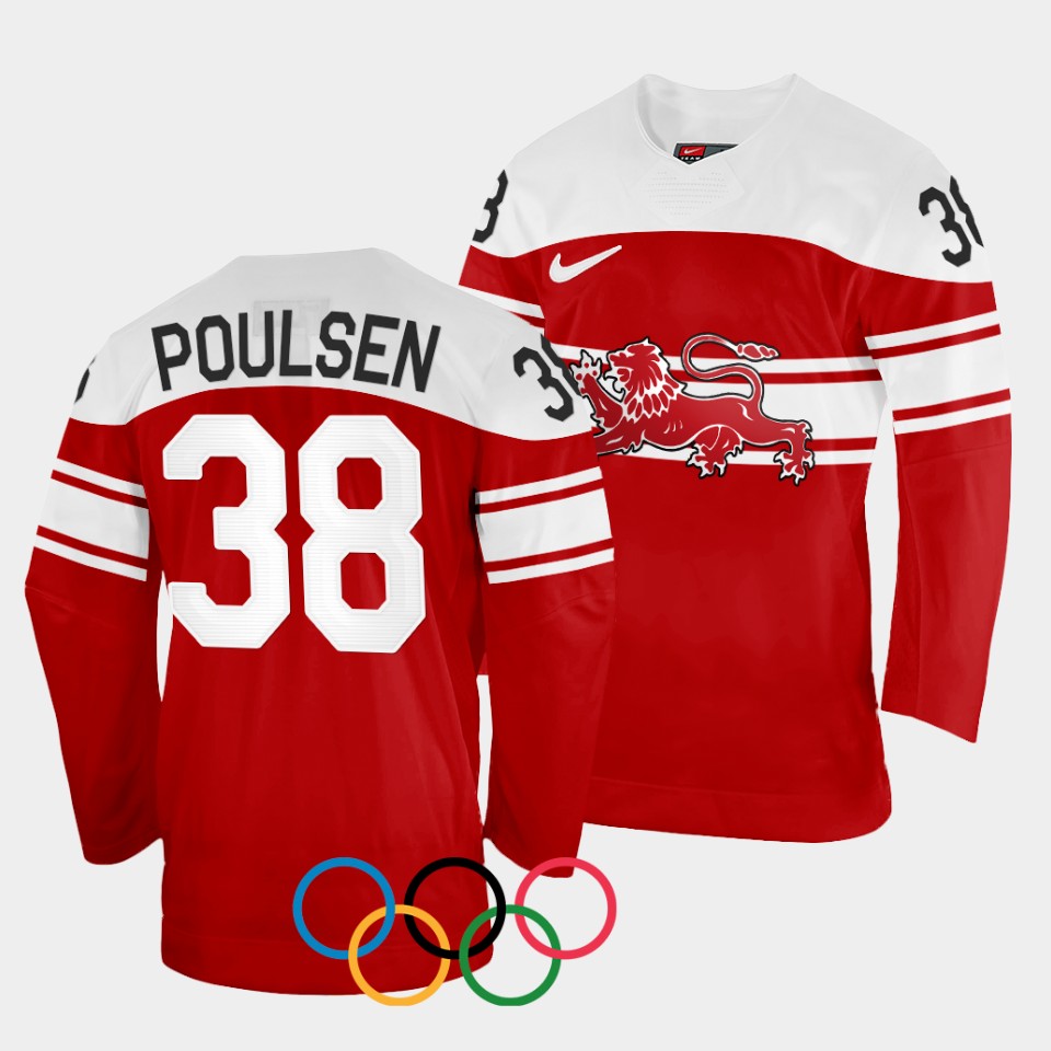 Denmark Hockey #38 Morten Poulsen Men's 2022 Winter Olympics Away Jersey - Red