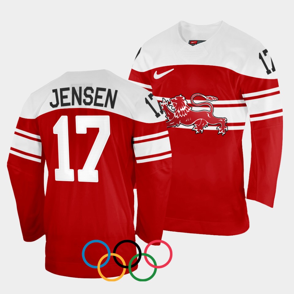 Denmark Hockey #17 Nicklas Jensen Men's 2022 Winter Olympics Away Jersey - Red