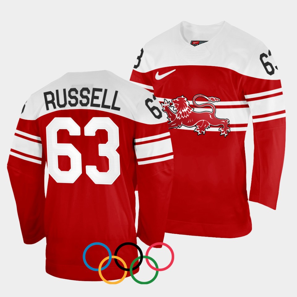 Denmark Hockey #63 Patrick Russell Men's 2022 Winter Olympics Away Jersey - Red