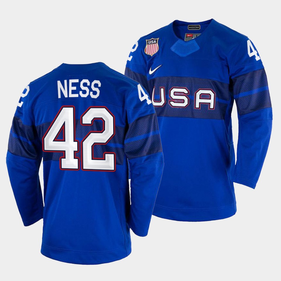 USA Hockey #42 Aaron Ness Men's 2022 Beijing Winter Olympic Alternate Jersey - Blue