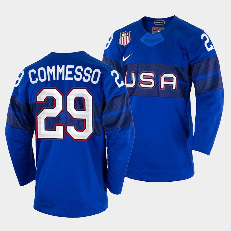 USA Hockey #29 Drew Commesso Men's 2022 Beijing Winter Olympic Alternate Jersey - Blue