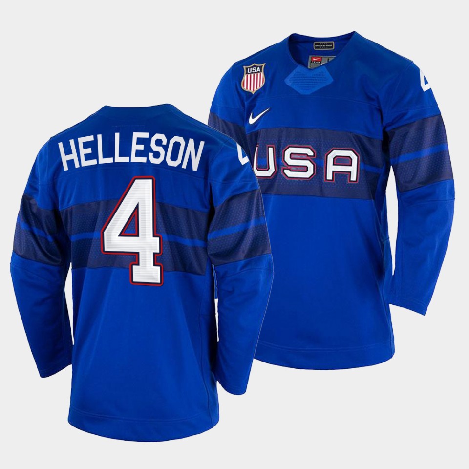 USA Hockey #4 Drew Helleson Men's 2022 Beijing Winter Olympic Alternate Jersey - Blue