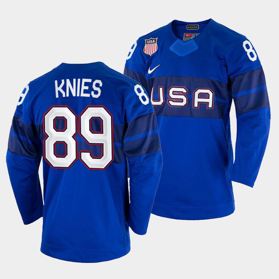 USA Hockey #89 Matthew Knies Men's 2022 Beijing Winter Olympic Alternate Jersey - Blue