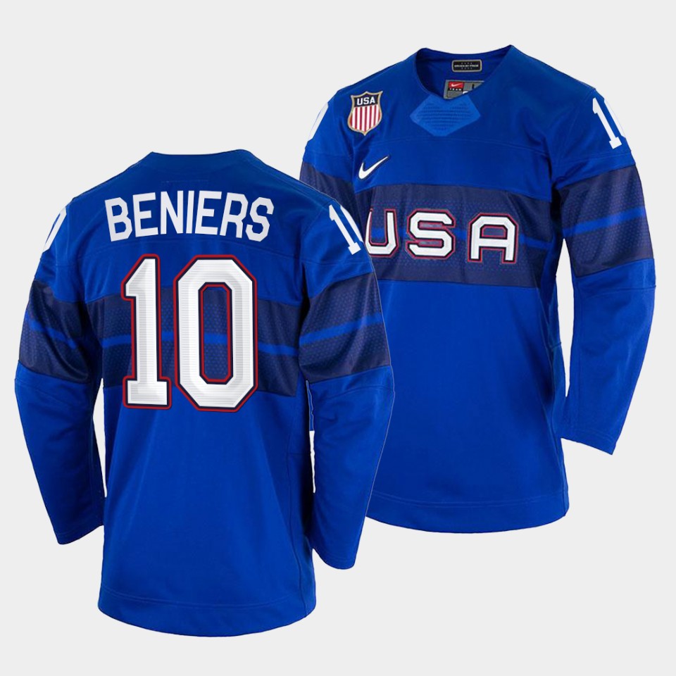 USA Hockey #10 Matty Beniers Men's 2022 Beijing Winter Olympic Alternate Jersey - Blue