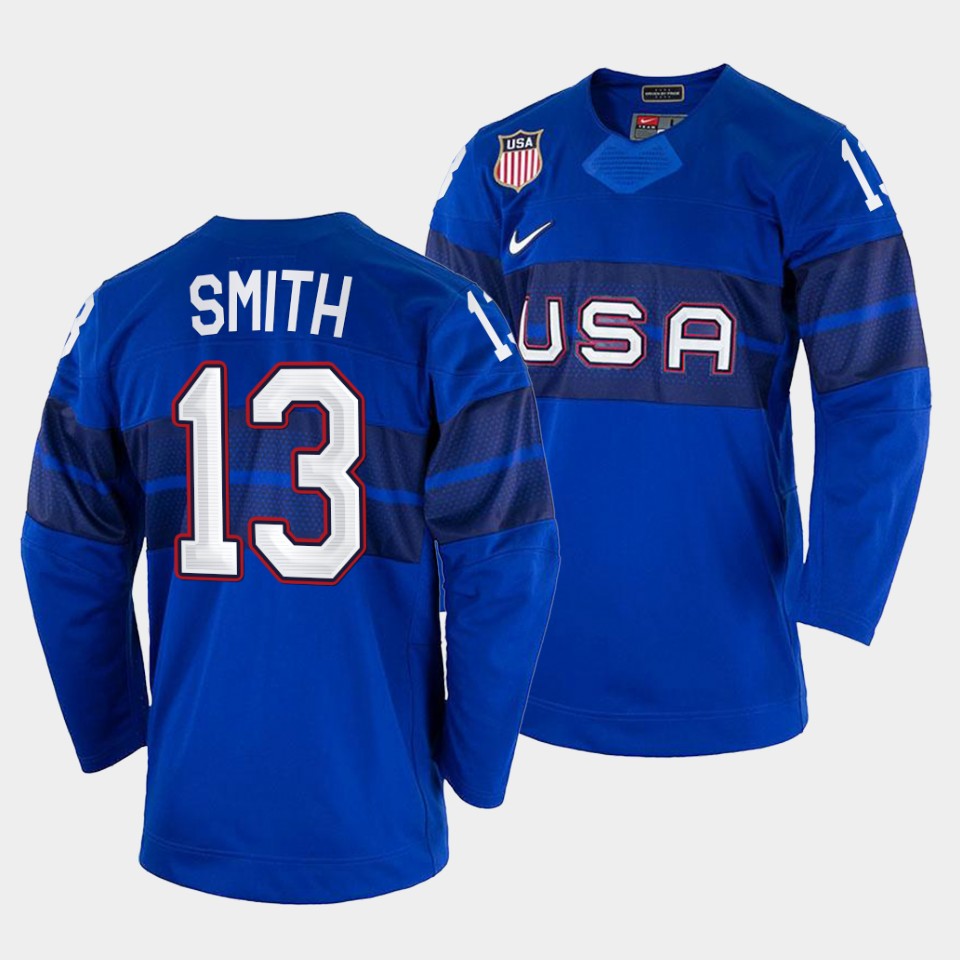 USA Hockey #13 Nathan Smith Men's 2022 Beijing Winter Olympic Alternate Jersey - Blue