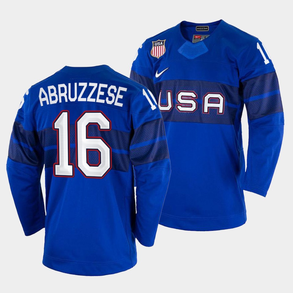 USA Hockey #16 Nick Abruzzese Men's 2022 Beijing Winter Olympic Alternate Jersey - Blue