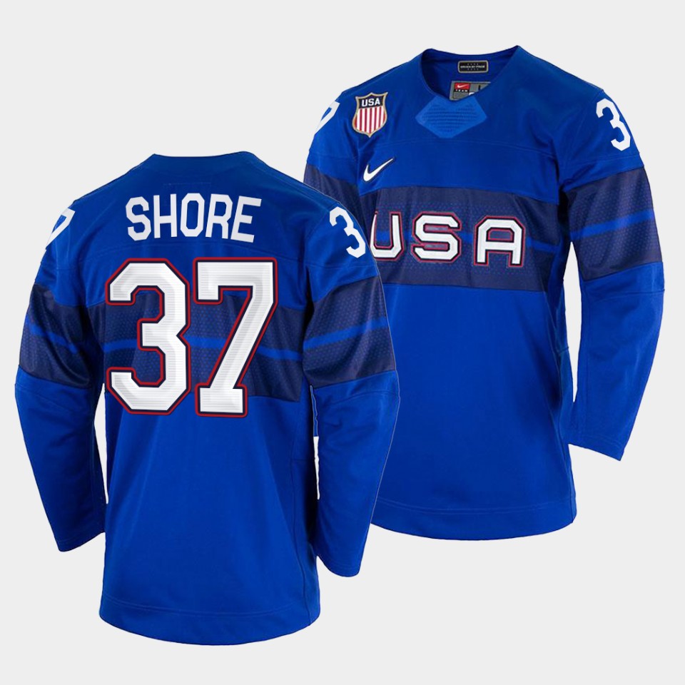 USA Hockey #37 Nick Shore Men's 2022 Beijing Winter Olympic Alternate Jersey - Blue