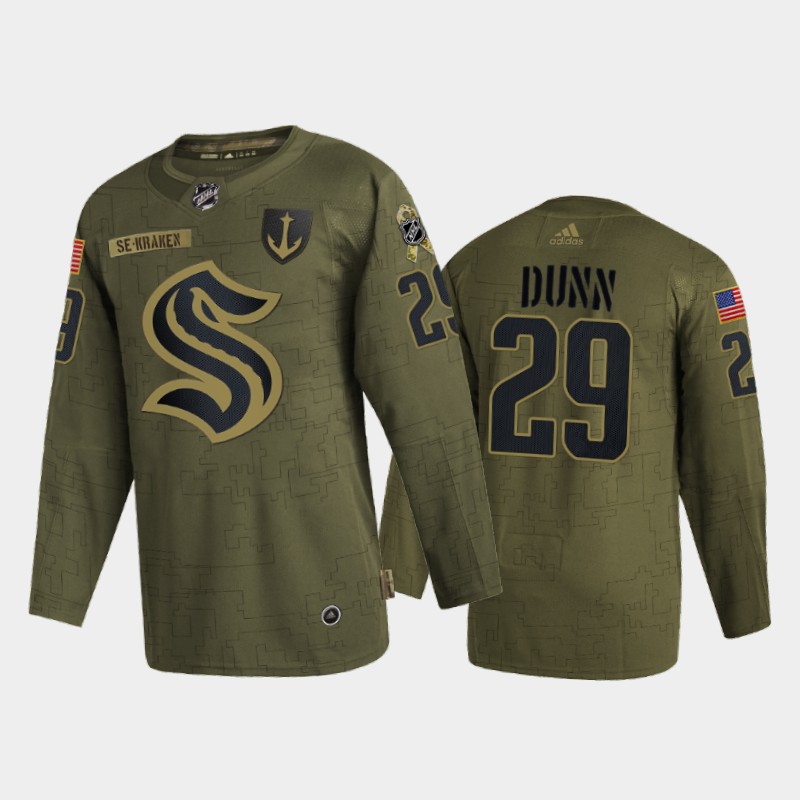 Seattle Kraken #29 Vince Dunn Men's Adidas Veterans Day 2022 Military Appreciation NHL Jersey - Olive