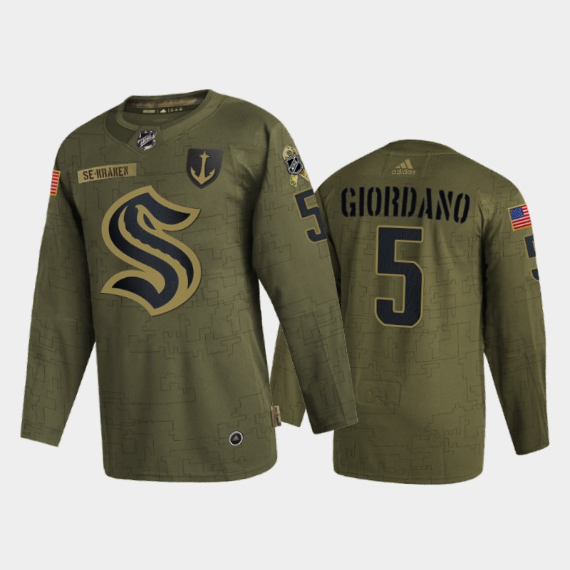 Seattle Kraken #5 Mark Giordano Men's Adidas Veterans Day 2022 Military Appreciation NHL Jersey - Olive