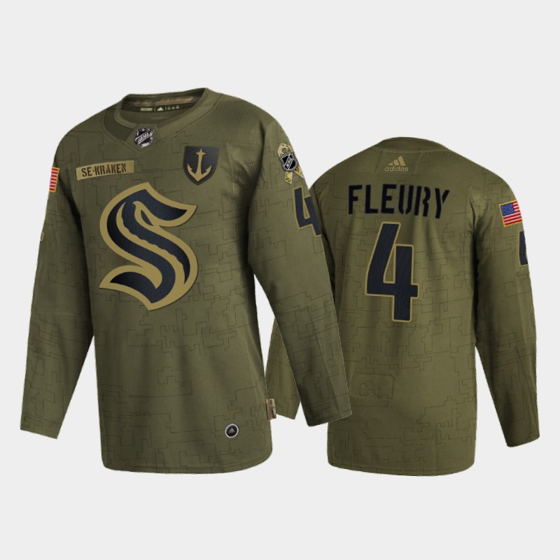 Seattle Kraken #4 Haydn Fleury Men's Adidas Veterans Day 2022 Military Appreciation NHL Jersey - Olive