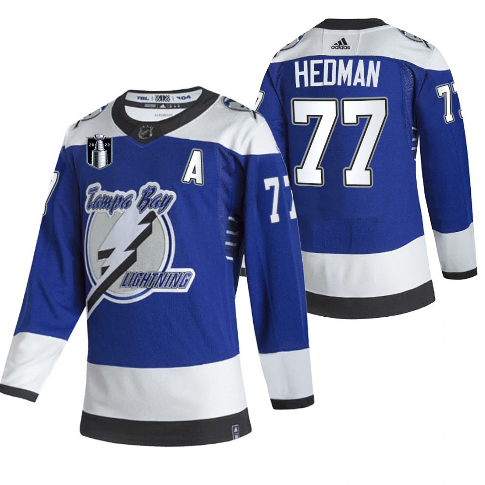 Tampa Bay Lightning #77 Victor Hedman Blue Men's Adidas 2022 Stanley Cup Final Patch Reverse Retro Alternate NHL Jersey