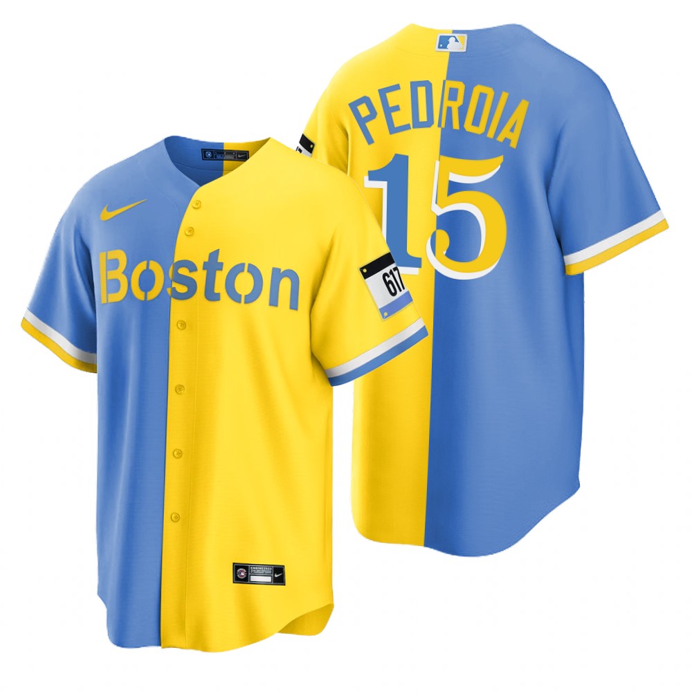 Boston Red Sox #15 Dustin Pedroia Blue Gold Nike Men's MLB 2022 City Connect Game Jersey