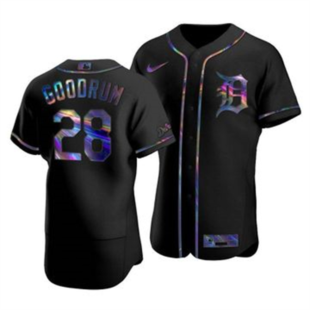 Detroit Tigers #28 Niko Goodrum Men's Nike Iridescent Holographic Collection MLB Jersey - Black