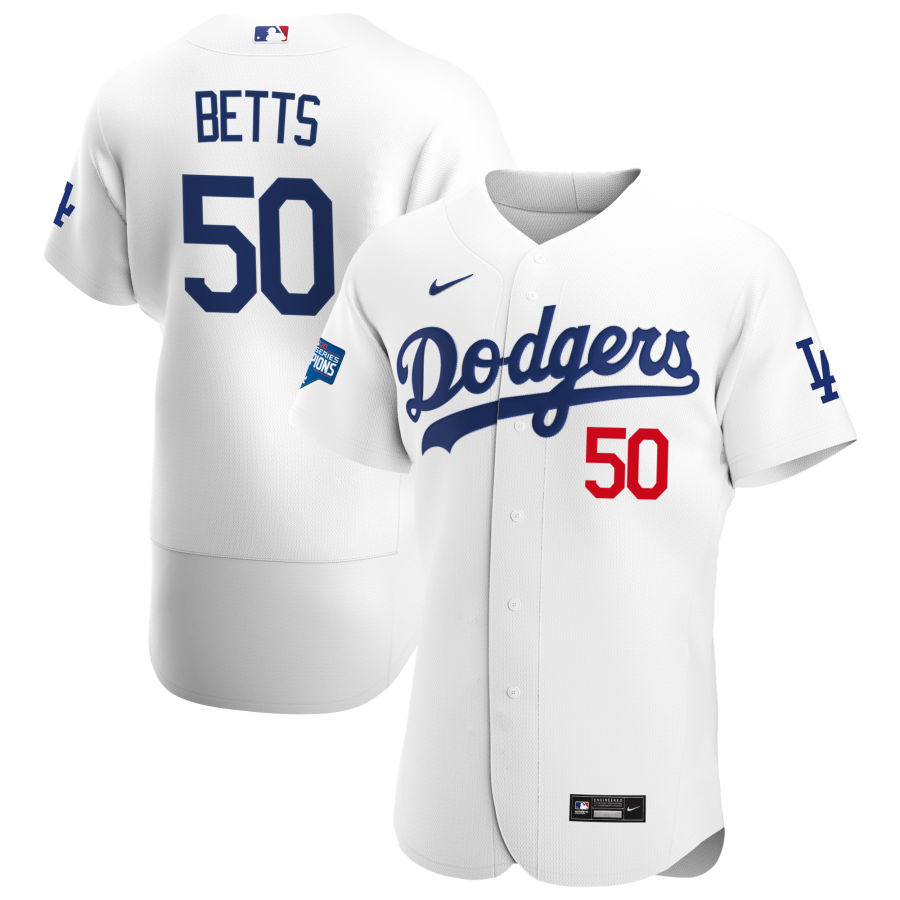 Los Angeles Dodgers #50 Mookie Betts Men's Nike White Home 2020 World Series Champions Authentic Player MLB Jersey