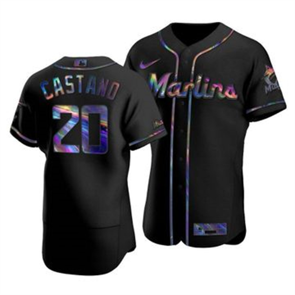 Miami Marlins #20 Daniel Castano Men's Nike Iridescent Holographic Collection MLB Jersey - Black