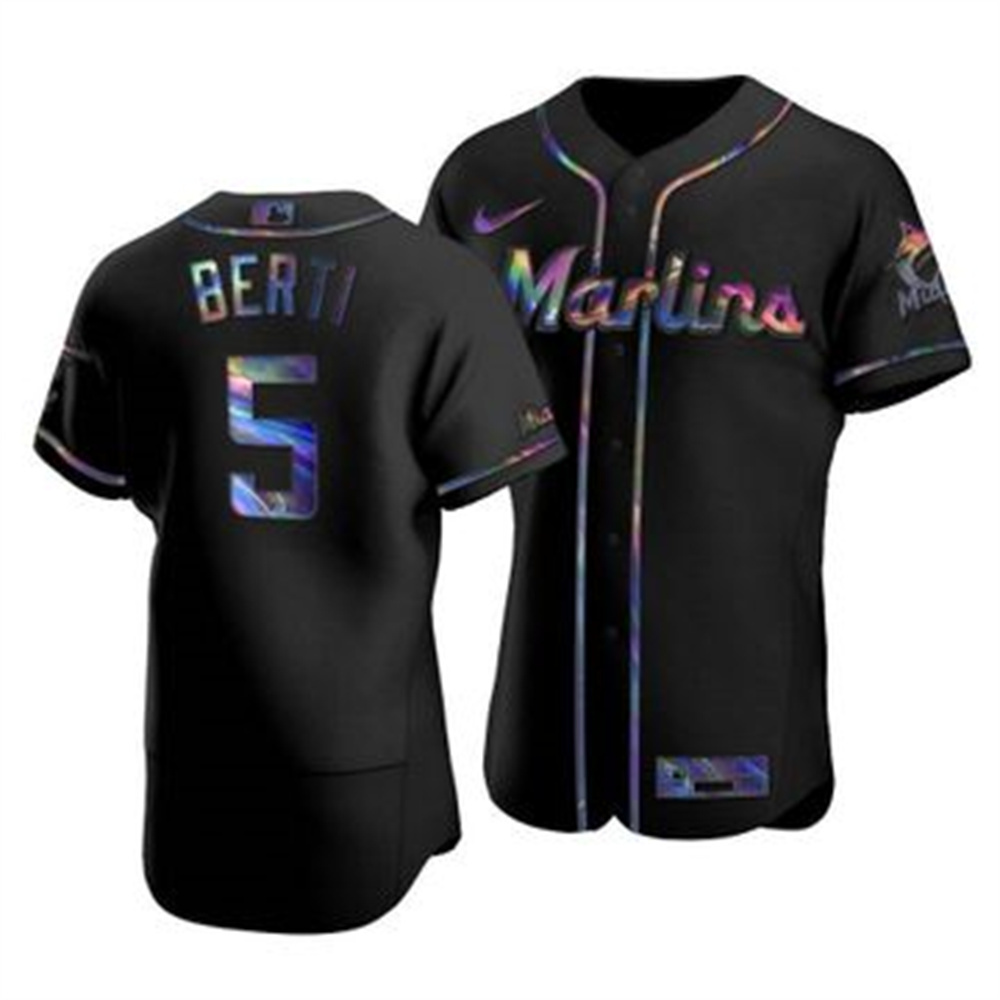 Miami Marlins #5 Jon Berti Men's Nike Iridescent Holographic Collection MLB Jersey - Black